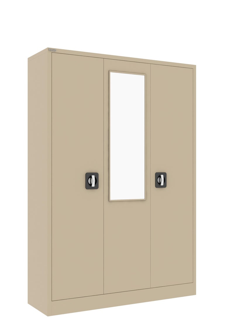 RIGID 3-Door Home Cupboard with Hanging Rod, Organizer Shelves, Lockable Doors & Full Mirror Steel Wardrobe Storage Cabinet for Bedroom, Living Room (Beige, 47D x 125W x 180H CM) – Assembled - Image 4