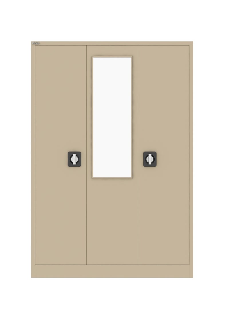 RIGID 3-Door Home Cupboard with Hanging Rod, Organizer Shelves, Lockable Doors & Full Mirror Steel Wardrobe Storage Cabinet for Bedroom, Living Room (Beige, 47D x 125W x 180H CM) – Assembled - Image 3