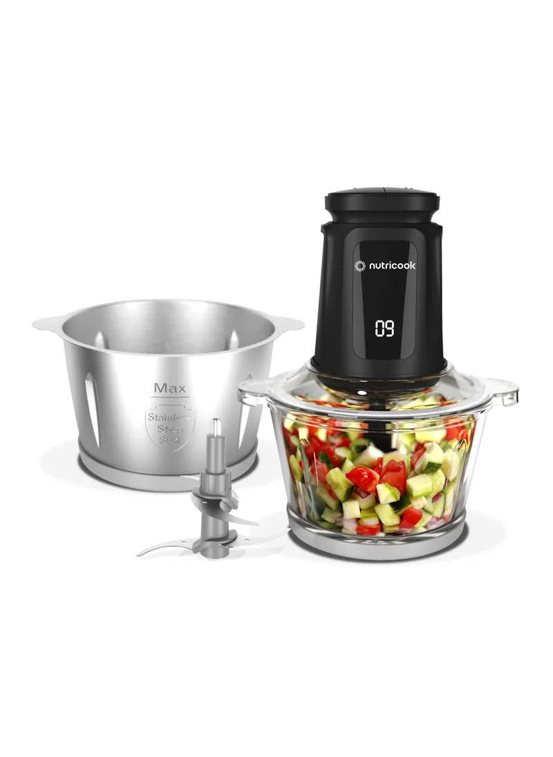نيوتري كوك Nutricook Choppi XXL 2L Glass & SS Chopper and Mincer, 500W w/ Pulse & 2 Speeds, 2-Removable 4 SS-Blade for Chopping, Ice Crushing, Meat Mincing, Grinding, Pureeing - Black, 2 Yr Warranty, NC-CH2000