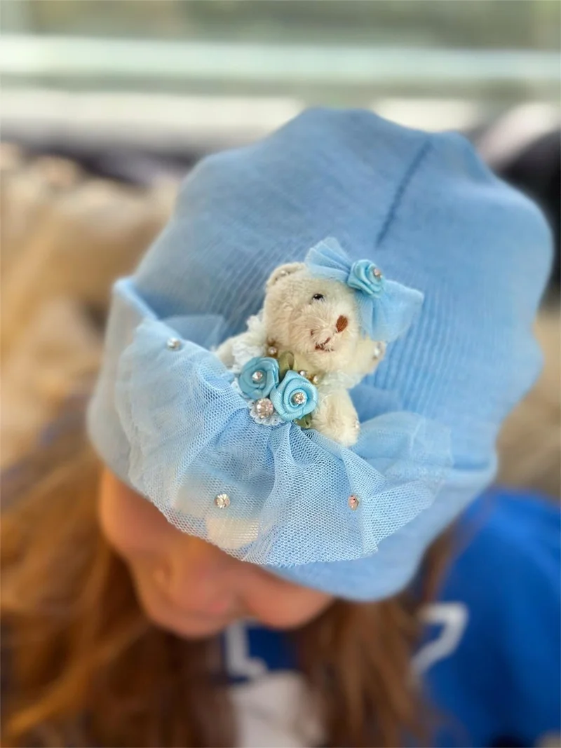 Queen Aksesuar Queen Accessory Special Design Luxury 3D Dimensional Toy Fancy Plush Teddy Bear Crystal Stone Beanie Blue Bear Hat