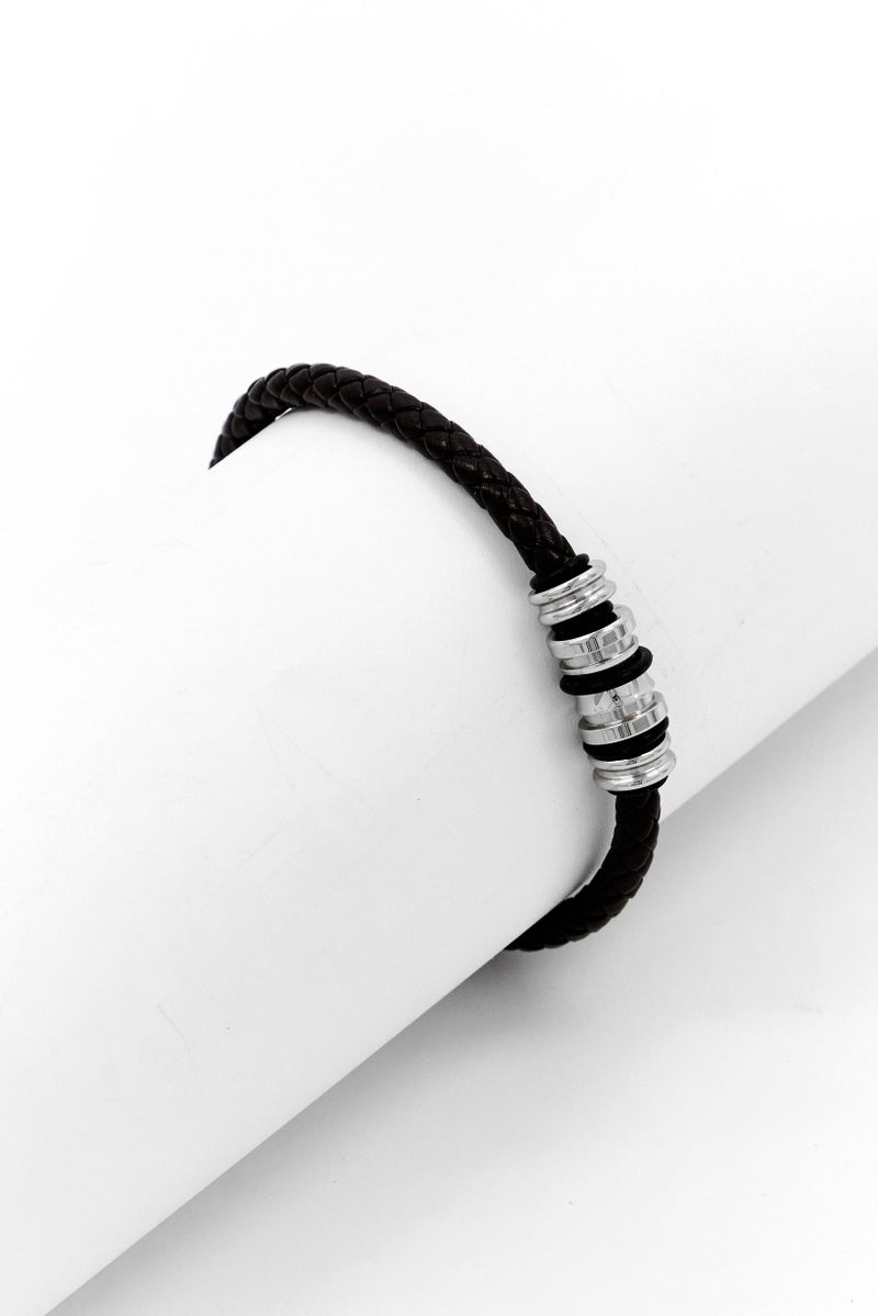 POLICE Men Leather Weave Wrist Strap Bracelet, Dark Brown - Image 1