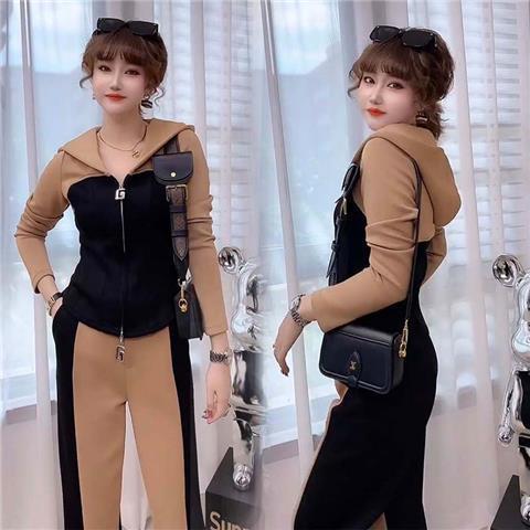 Young Western style hooded T-shirt suit womens spring and autumn 2022 new Korean style high waist meat-covering wide-leg pants two-piece set Red suit - Image 3