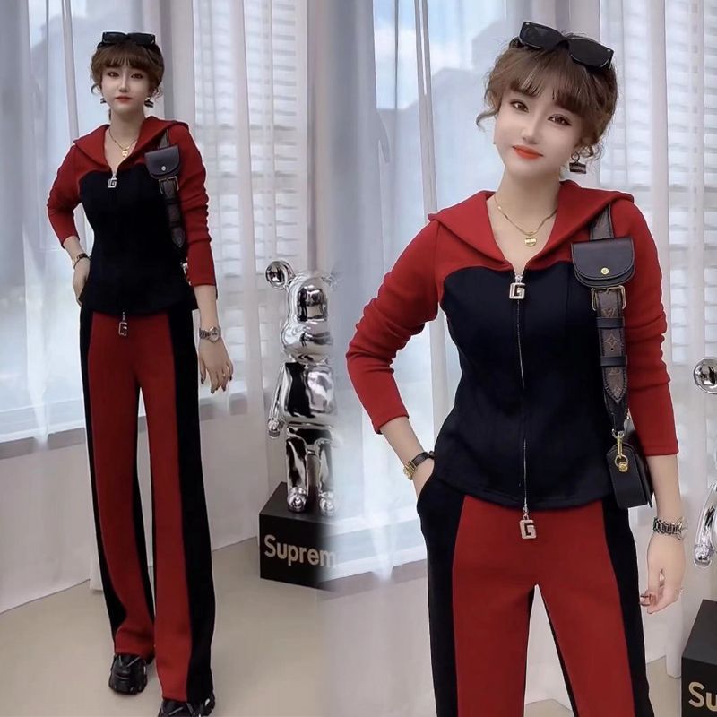Young Western style hooded T-shirt suit womens spring and autumn 2022 new Korean style high waist meat-covering wide-leg pants two-piece set Red suit - Image 1