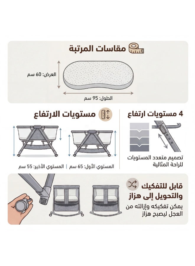 نيفورا  سرير نيفورا المتطور للأطفال - 4 مستويات ارتفاع وقابل للتحويل لهزاز مع ناموسية كاملة ومرتبة مريحة 95×60 سم - Image 2