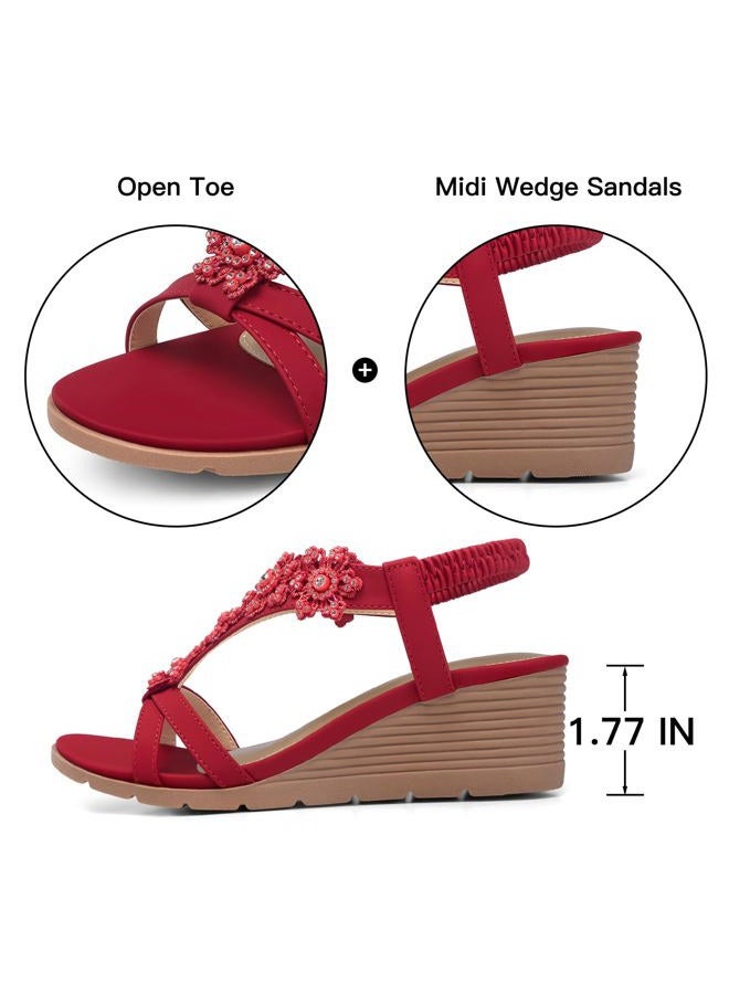 TEMOFON Women's Low Wedge Heels Summer Dressy Platform Sandals Elastic Ankle Strap Open Toe Flower Shoes, 25-red, 9 - Image 5