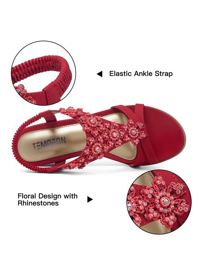 TEMOFON Women's Low Wedge Heels Summer Dressy Platform Sandals Elastic Ankle Strap Open Toe Flower Shoes, 25-red, 9 - Image 4