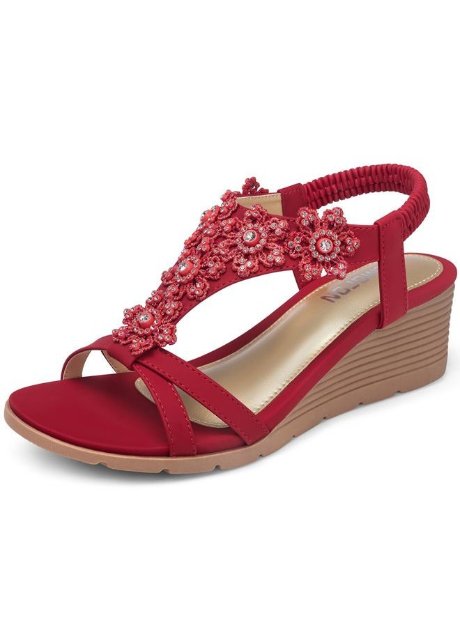 TEMOFON Women's Low Wedge Heels Summer Dressy Platform Sandals Elastic Ankle Strap Open Toe Flower Shoes, 25-red, 9 - Image 1