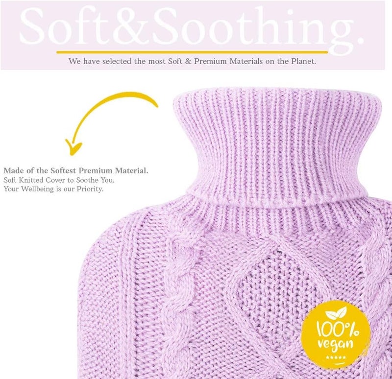 Qomfor Hot Water Bottle - Premium Soft Knit Cover - Large Capacity 1.8L - Hot Water Bottle with Knitted House for Pain Relief, Back, Neck & Shoulders & Cosy Warm Nights - Lilac - Image 2