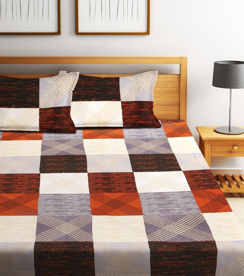 Fashion String 144TC Microfibre Modern Cross Line Patch Rust Orange Double Bedsheet with 2 Pillow Covers - Image 2