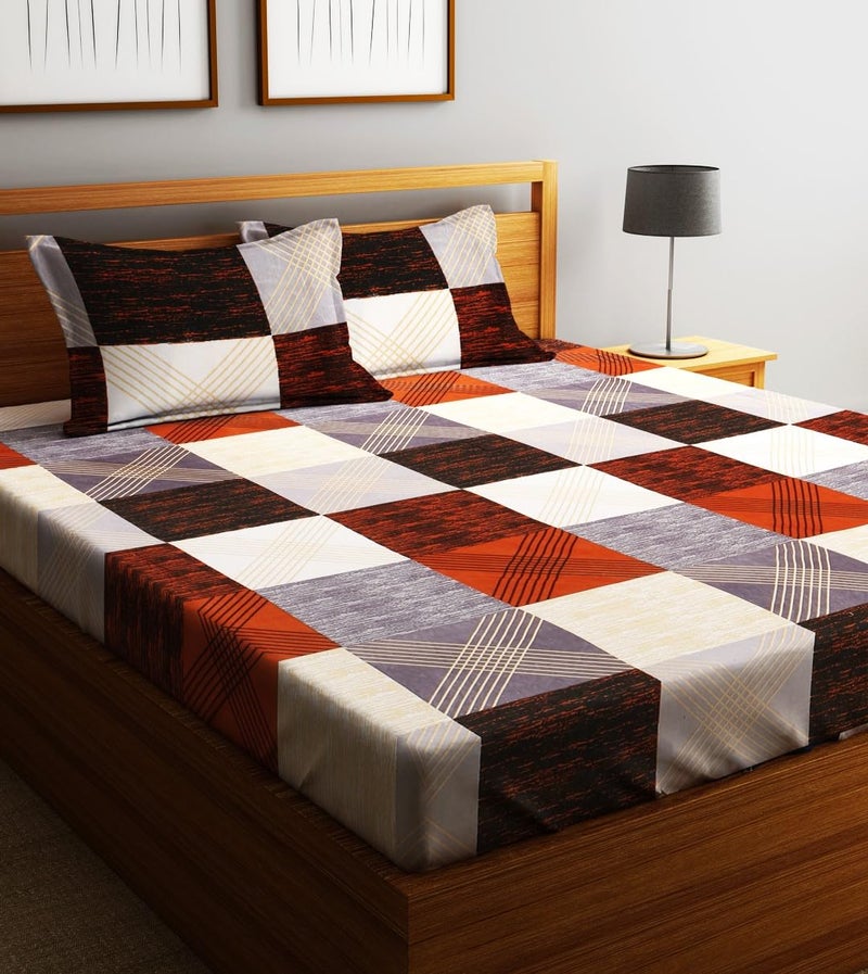 Fashion String 144TC Microfibre Modern Cross Line Patch Rust Orange Double Bedsheet with 2 Pillow Covers - Image 1