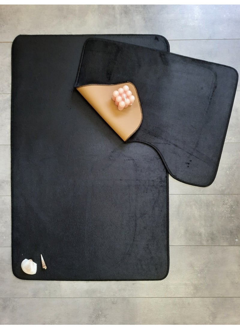 Bonny Home Ultrasoft Plain Black 2-Piece Bathroom Rug Mat Set Non-Slip Base Machine Washable Toilet Seat Set  - Image 1