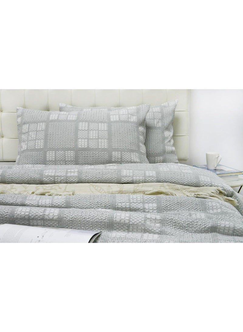 السرعوف الذهبية طقم غطاء لحاف من قماش الجاكار القطني بنسبة 100% من GOLD MANTIS مقاس كامل/كوين 200 × 200 سم - سرير Weatherby Waffer Boho الأنيق مع تطريز شبكي و2 غطاء وسادة، طقم غطاء لحاف من القطن الناعم المغسول - Image 2