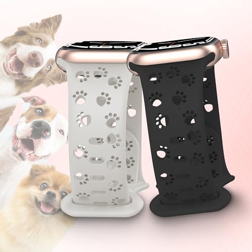 SUTQIGUI 2 Pack Silicone Black and Starlight Bands Compatible with Apple Watch Band 38mm 40mm 41mm Women, Hollow-Out Dog Paw Design Sport Soft Strap for iWatch SE1 SE2 Series 9/8/7/6/5/4/3/2/1 Men - Image 4