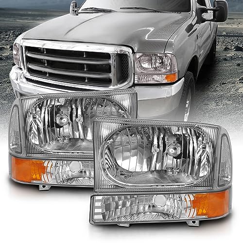 AmeriLite for 19992004 Ford Super Duty F250 F350 F450 F550 Excursion Chrome Factory Style Replacement Headlights wCorner Bumper Corner Set Passenger and Driver Side
