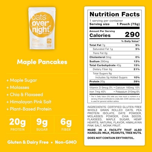 Oats Overnight - Maple Pancakes - Vegan, 20g Protein, High Fiber Breakfast Shake - Gluten Free, Non GMO Oatmeal (2.5 oz per meal) (8 Pack) - Image 2