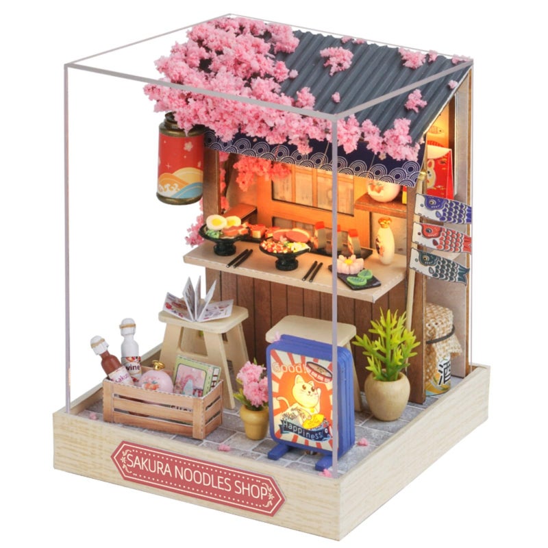 OZJAY DIY Miniature House Kit with Dust Proof Cover, 1:24 Scale Creative Room Mini DIY Wooden Dollhouse Miniature Kit for Adults Teen-Sakura Noodle Shop - Image 1