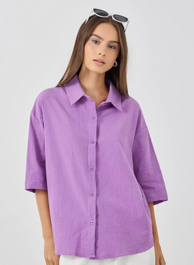 تايك تو قميص قطن كتان بأزرار وياقة عريضة