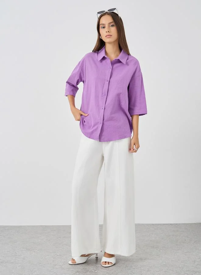 تايك تو قميص قطن كتان بأزرار وياقة عريضة