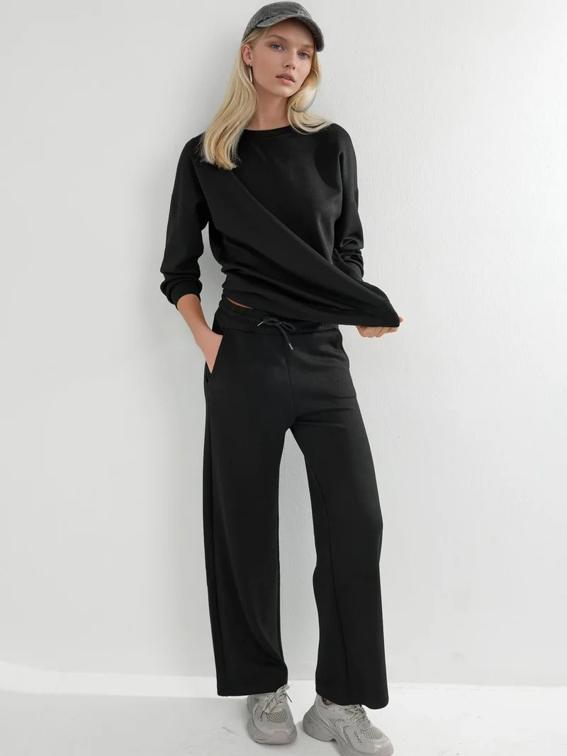 HICCUP Modal Touch Crew Neck Sweatshirt & Wide Leg Pants Two-Piece Set Bersan Collection