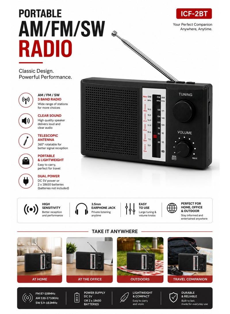 Golone ICF-2BT Portable Bluetooth AM FM SW World Band Radio, Rechargeable Retro Wireless Speaker with USB Flash Drive, TF SD Card MP3 Player, High Power Speaker, USB Charging, 18650 Battery Powered Radio for Home, Travel, Camping, Emergency and Outdoor Use. - Image 5