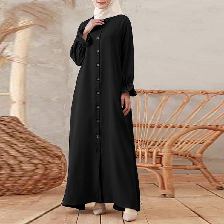 New 2024 spring casual national style retro womens cardigan round neck large pendulum dress factory direct Black - Image 1