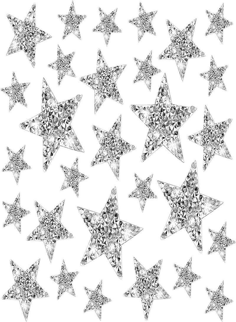 Excefore Iron On Star Patches 30Pcs 3 Sizes Silver Rhinestone Shiny Star Patche Appliques for Jeans Bag Pant Clothing Repair  Clothes Bag Pants Cellphone Decor DIY Crafts Silver Star Patches - Image 1