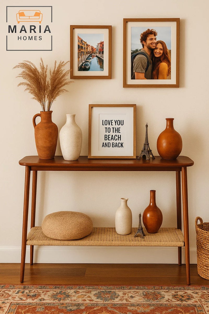 MARIA HOMES Wooden Console Table with Woven Shelf 120x40x75cm – Mid-Century Entryway Storage Accent Table - Image 1