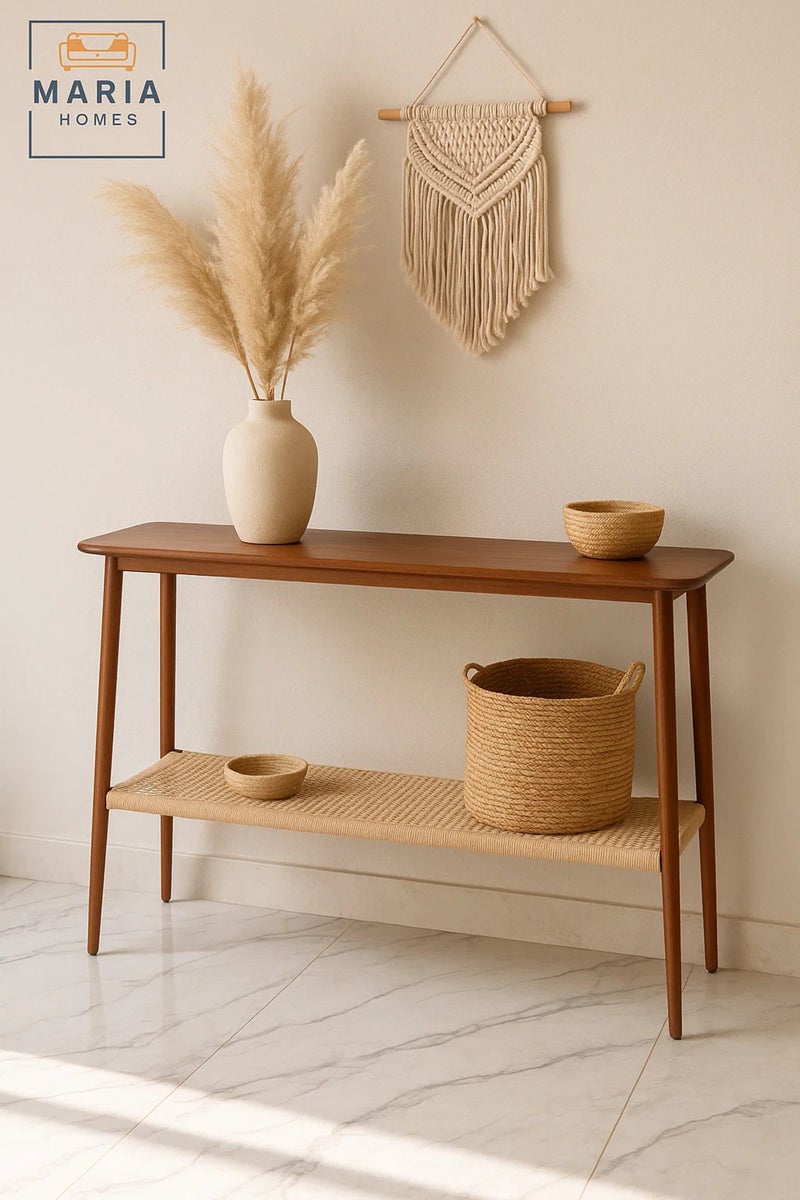 MARIA HOMES Wooden Console Table with Woven Shelf 120x40x75cm – Mid-Century Entryway Storage Accent Table - Image 2