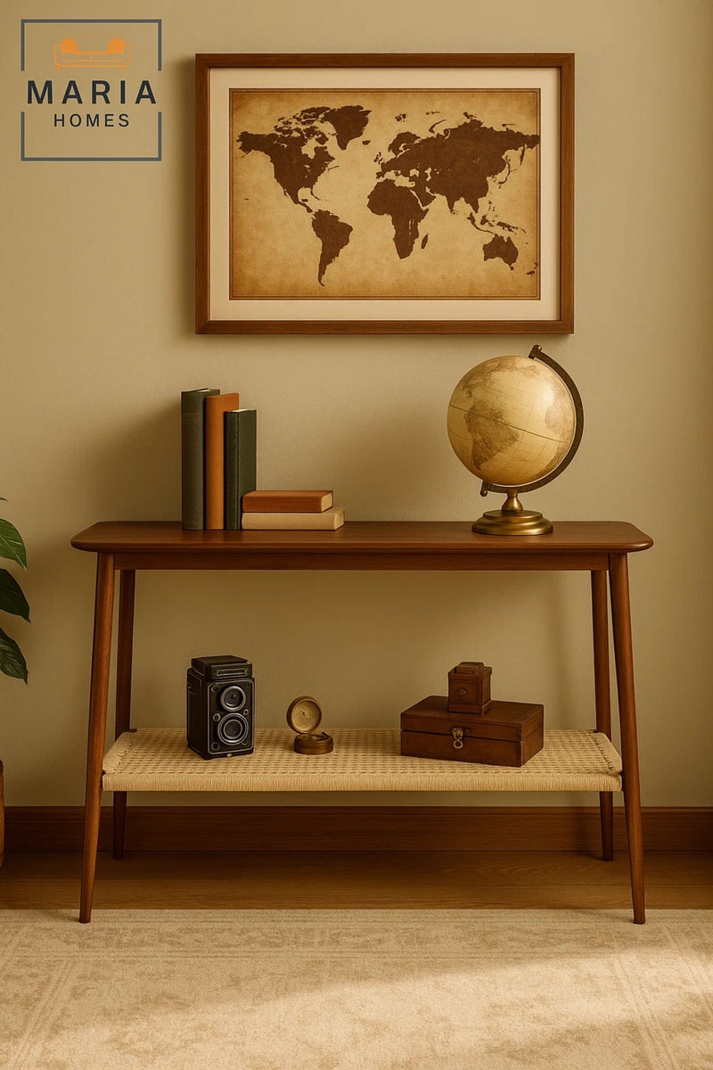 MARIA HOMES Wooden Console Table with Woven Shelf 120x40x75cm – Mid-Century Entryway Storage Accent Table - Image 4