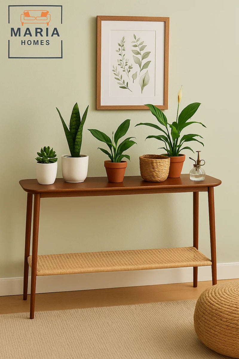 MARIA HOMES Wooden Console Table with Woven Shelf 120x40x75cm – Mid-Century Entryway Storage Accent Table - Image 3