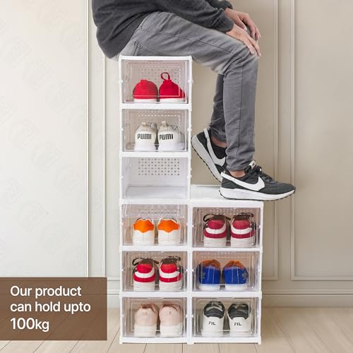 ABOUT SPACE Plastic Sneaker Box-Shoe Rack-6 Tier Collapsible Shoe Organiser with Door-Foldable Sneaker Crates Footwear Organiser for Men, Women, Heels, Boots, Loafers, Sneakers, Slippers (White) - Image 3