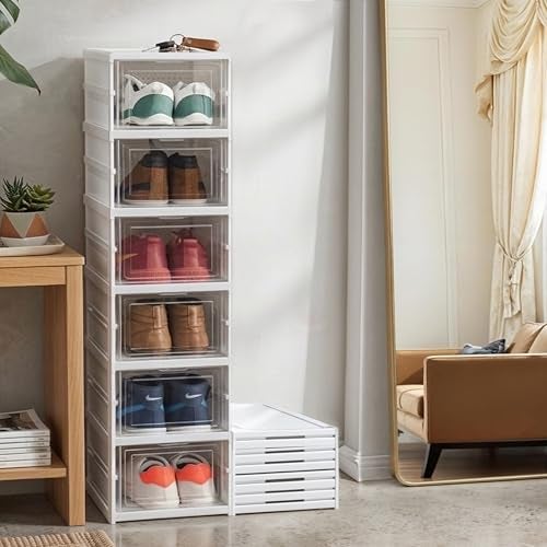 ABOUT SPACE Plastic Sneaker Box-Shoe Rack-6 Tier Collapsible Shoe Organiser with Door-Foldable Sneaker Crates Footwear Organiser for Men, Women, Heels, Boots, Loafers, Sneakers, Slippers (White) - Image 1