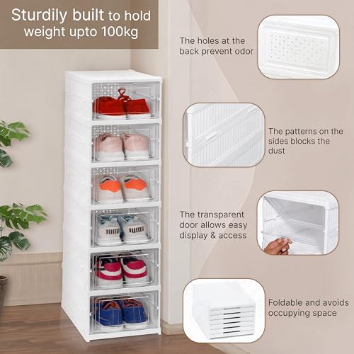 ABOUT SPACE Plastic Sneaker Box-Shoe Rack-6 Tier Collapsible Shoe Organiser with Door-Foldable Sneaker Crates Footwear Organiser for Men, Women, Heels, Boots, Loafers, Sneakers, Slippers (White) - Image 5