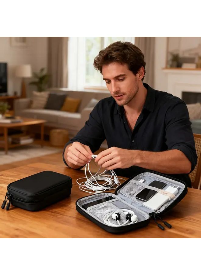 Black Tech Cable Organizer Case Multi Pocket Charger Bag With Ports - Image 1