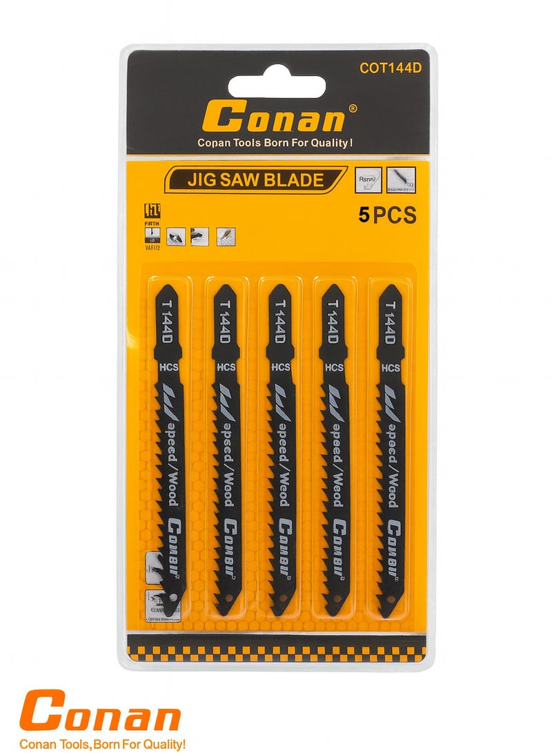 Conan A set of 5 high-speed jigsaw wood blades from Conan – Model COT144D, Type T144D, suitable for woodworking tasks. - Image 1