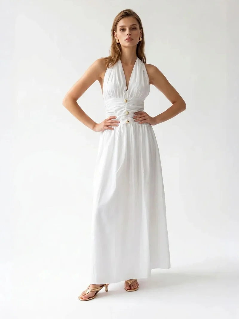 ميكسراي MIXRAY Women's Cotton Poplin Halter Maxi Dress