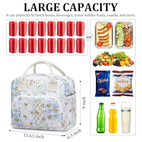TESAFNG Lunch Box for Women Insulated Lunch Bag Cute Corduroy Lunch Tote Bags Lightweight Reusable Leakproof Cooler Bag with Adjustable Shoulder Strap for Work Office Travel Picnic Bee Floral - Image 3