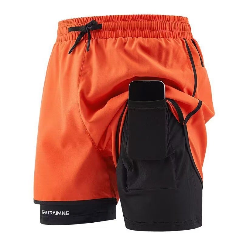 Cross-border Sports Shorts Running Special Loose Anti-slip Triple Pants Double-layer Quick-drying Workwear Casual Pants Printed Orange【1920】rp