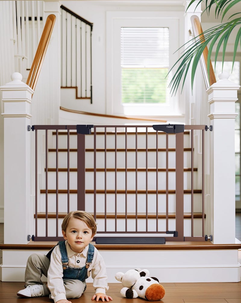 Cumbor 29.7-48" Baby Gate for Stairs, Mom's Choice Awards Winner-Dog Gate for Doorways, Auto Close Safety Pet Gate for Dogs Indoor, Easy Install Pressure Mounted Child Gate with Walk Thru Door, Brown - Image 1