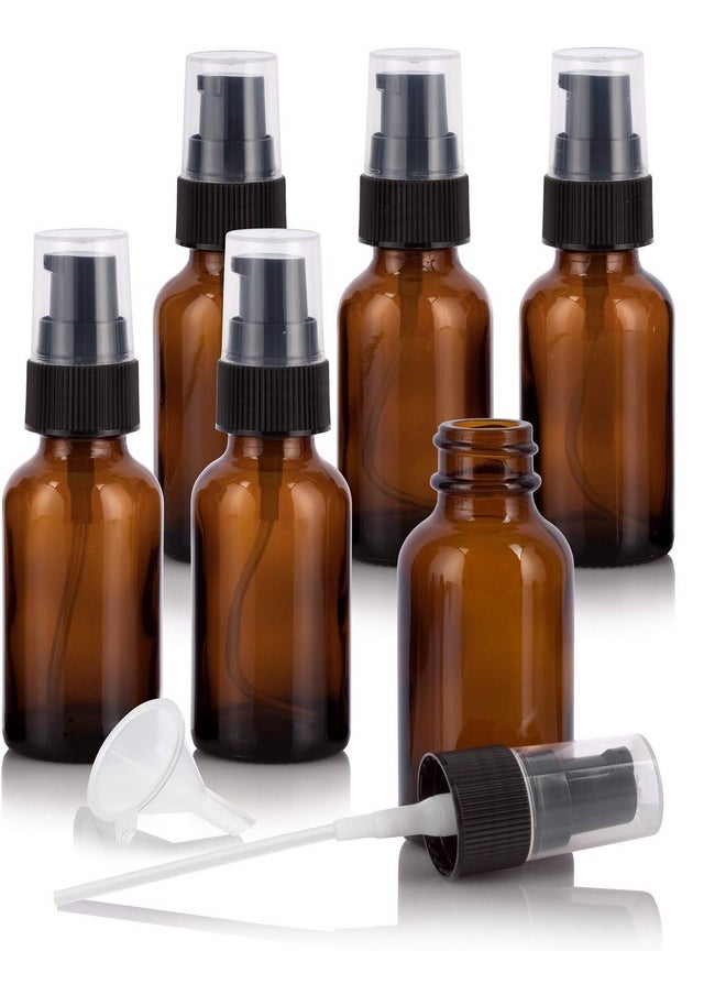 JUVITUS JUVITUS 1 oz / 30 ml Amber Glass Boston Round Bottle with Black Treatment Pump (6 Pack) + Funnel Refillable Empty Storage Containers  - Image 1