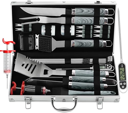 grilljoy 24PCS BBQ Grill Tools Set with Meat Thermometer and Injector Extra Thick Stainless Steel Fork Spatula Tongs Complete BBQ Accessories in Perfect Grill Gifts for Fathers Day - Image 1