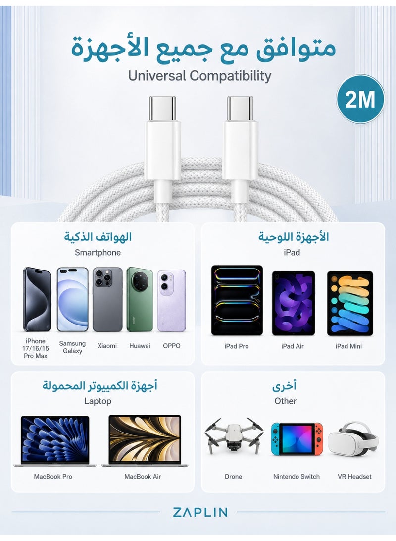 ZapLin USB-C to USB-C Cable 60W PD Fast Charging Type C Cable, 2M Braided Data Cable, Compatible with iPhone 16/15 Pro Max, iPad Pro/Mini, MacBook Pro/Air, Samsung, White - Image 5