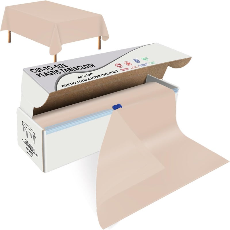 tujol Beige Disposable Plastic Table Cloth Roll 54" X 100', Plastic Table Cover with Cutter Box, Cut to Size Disposable Tablecloth for Parties - Image 1