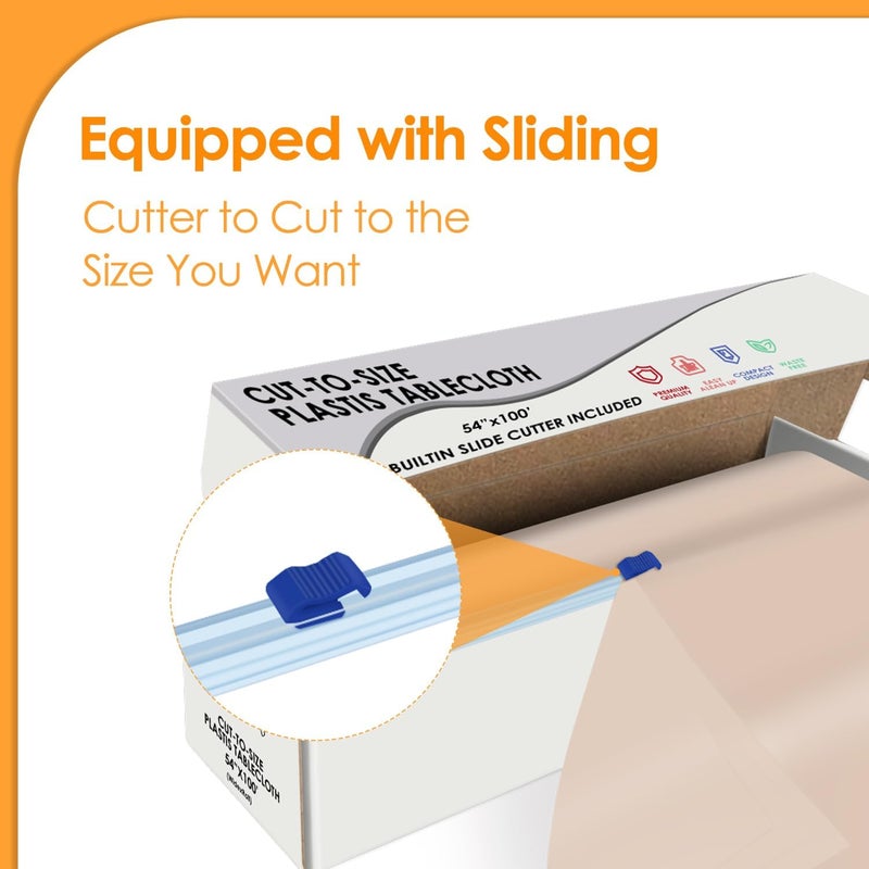 tujol Beige Disposable Plastic Table Cloth Roll 54" X 100', Plastic Table Cover with Cutter Box, Cut to Size Disposable Tablecloth for Parties - Image 3