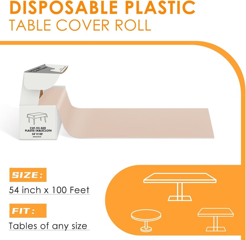 tujol Beige Disposable Plastic Table Cloth Roll 54" X 100', Plastic Table Cover with Cutter Box, Cut to Size Disposable Tablecloth for Parties - Image 2
