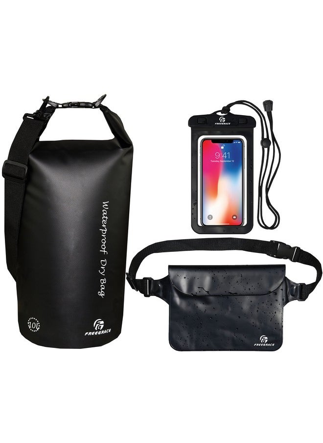 Freegrace - Waterproof Dry Bags Set Of 3 Dry Bag With 2 Zip Lock Seals & Detachable Shoulder Strap, Waist Pouch & Phone Case Can Be Submerged Into Water For Swimming (Black, 5L) - Image 1