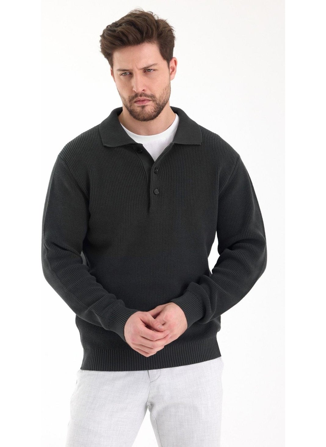 Odelon - Men's Regular Fit Cotton Polo Collar Buttoned Khaki Knitwear Sweater - Image 1