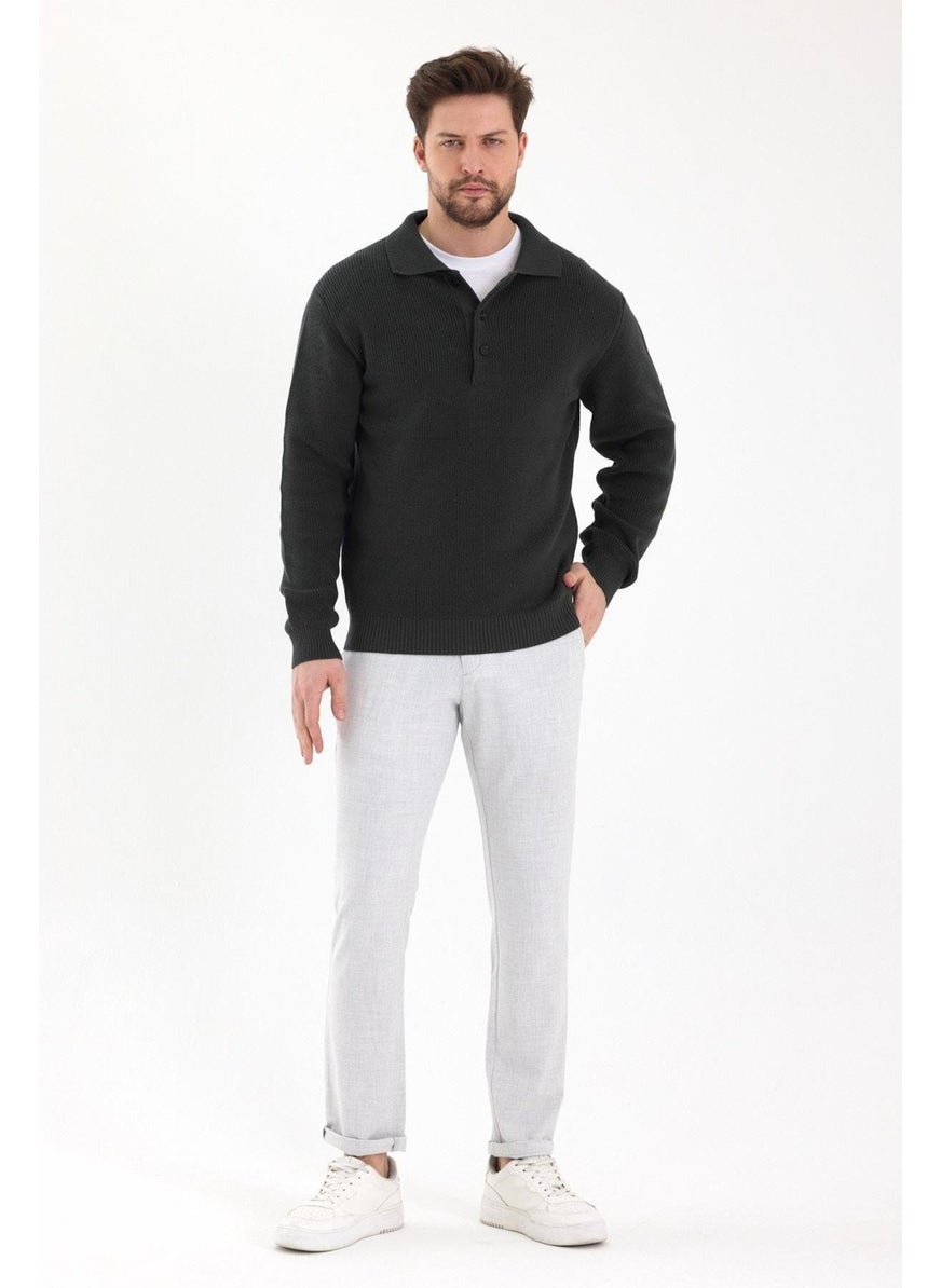 Odelon - Men's Regular Fit Cotton Polo Collar Buttoned Khaki Knitwear Sweater - Image 1