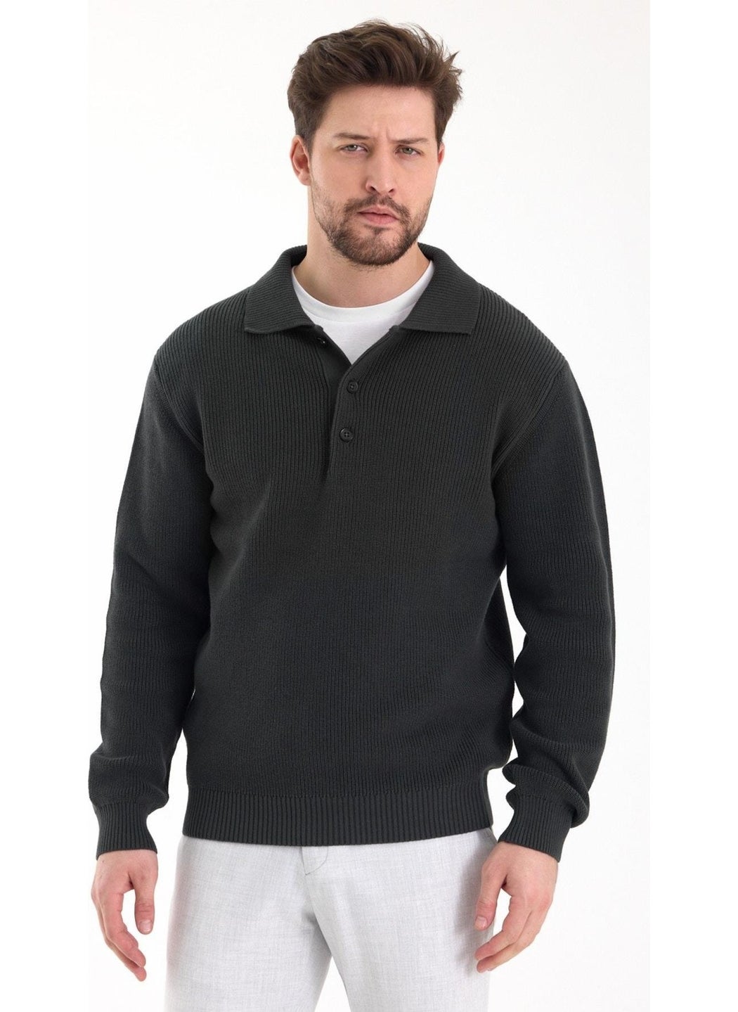 Odelon - Men's Regular Fit Cotton Polo Collar Buttoned Khaki Knitwear Sweater - Image 1