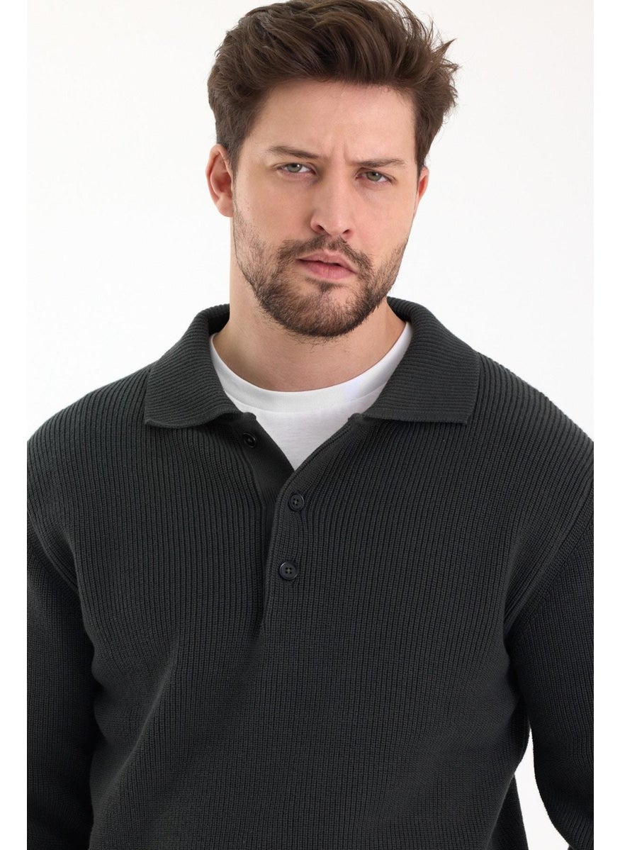 Odelon - Men's Regular Fit Cotton Polo Collar Buttoned Khaki Knitwear Sweater - Image 1
